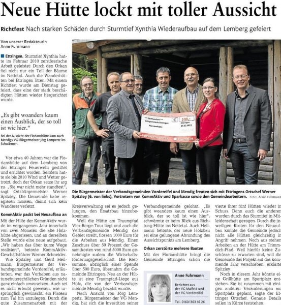 Neue Hütte lockt mit toller Aussicht - Rhein-Zeitung vom 8. Mai 2013, Seite 27
http://www.rhein-zeitung.de 